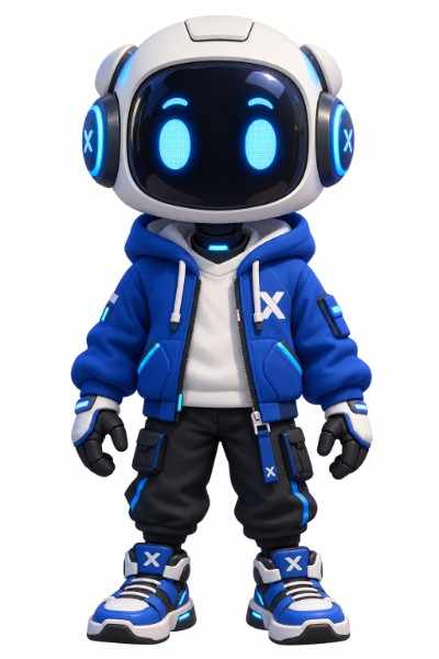 NEXORA mascot — a chibi astronaut in a blue cyber-streetwear hoodie with glowing cyan eyes